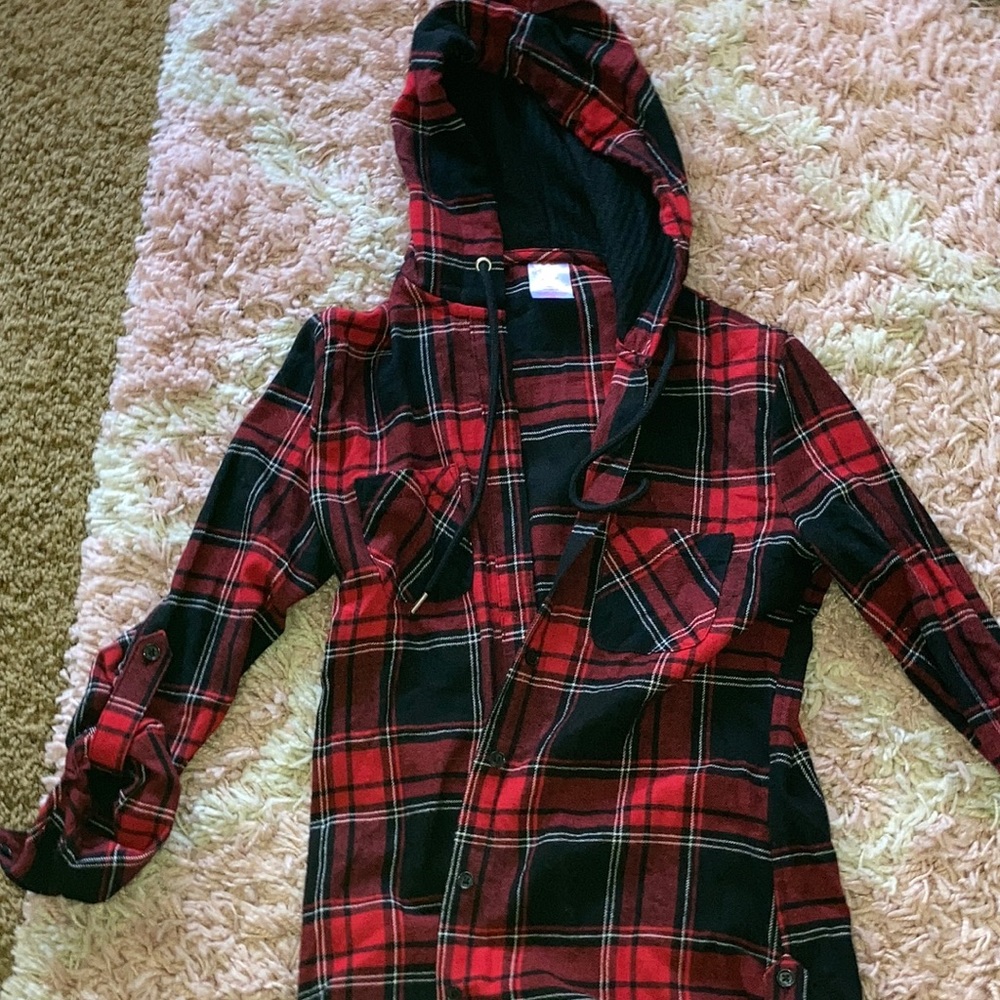 Red plaid button up with hoodie size XS